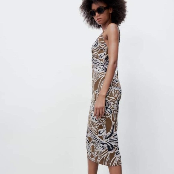 ZARA Printed Jacquard Dress Brown Palm Size Large - Picture 2 of 9